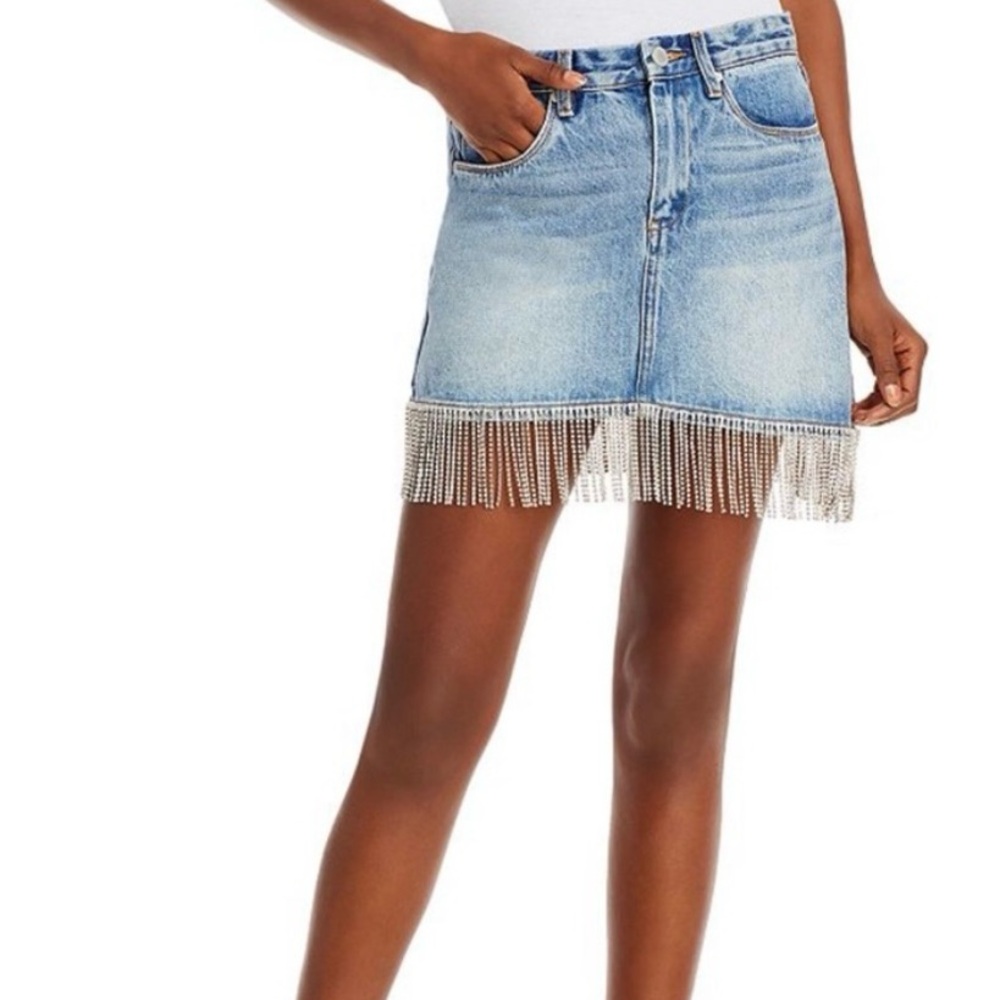 Blank NYC Rhinestone Fringe Denim Mini Skirt